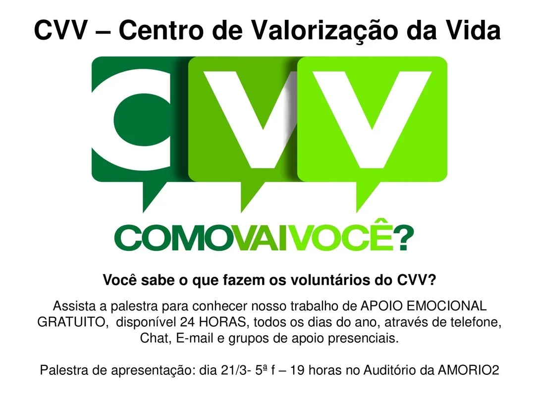 Assista a palestra para conhecer o trabalho de APOIO EMOCIONAL GRATUITO, disponível 24 HORAS, todos os dias do ano, através
