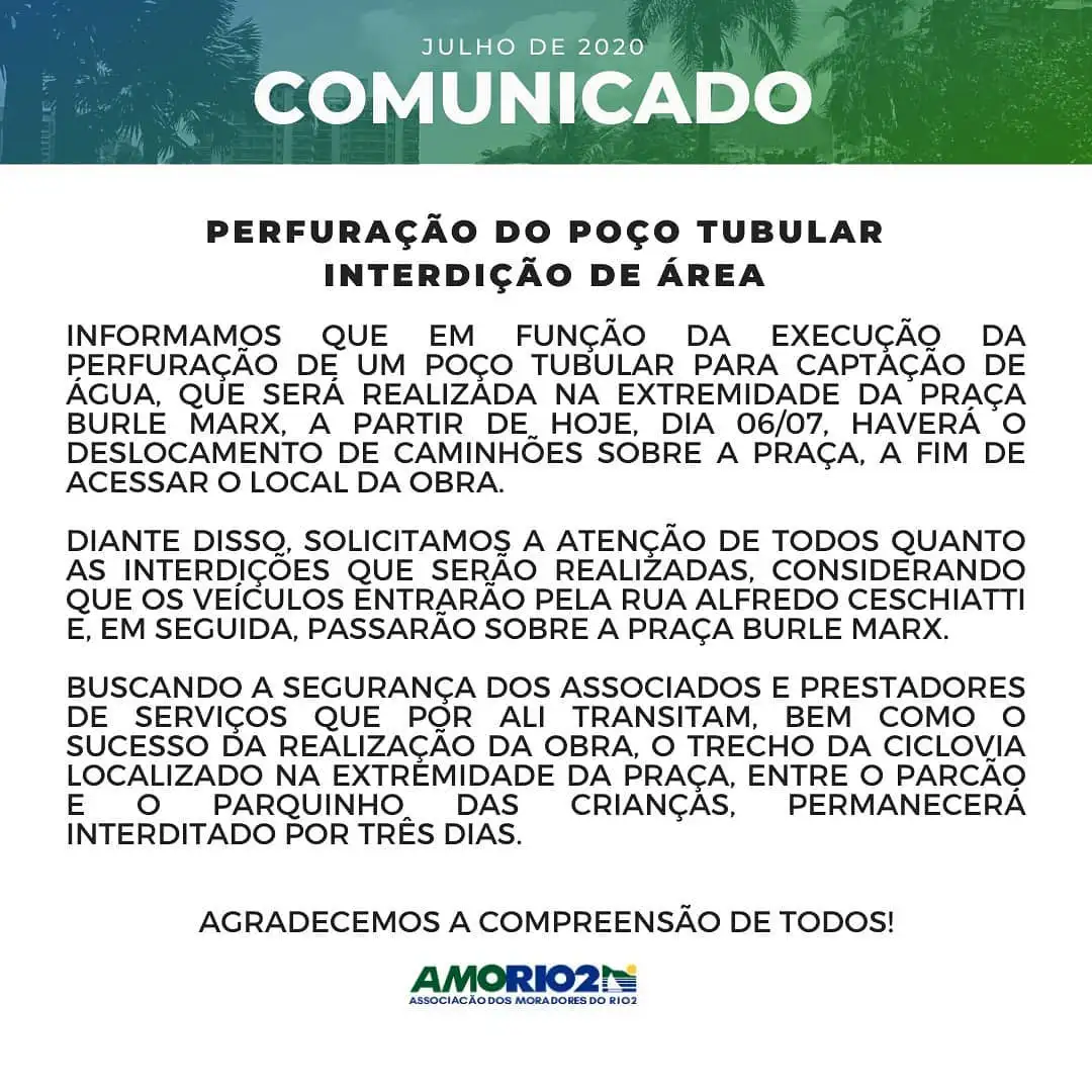 A perfuração do poço tubular começará hoje nas proximidades da praça Burle Marx.