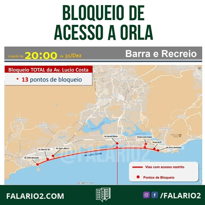 #Reveillon2021 Das 20h de quinta (31/12) às 3h de sexta (01/01), bloqueios nos acessos à orla, inclusive para veículos de