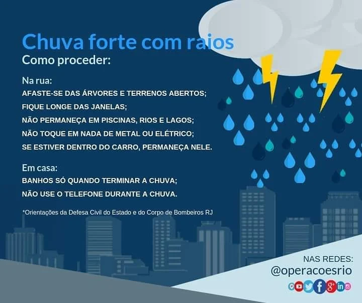 Fique atento às recomendações da Defesa Civil do Estado e do Corpo de Bombeiros em caso de chuva forte com raios.