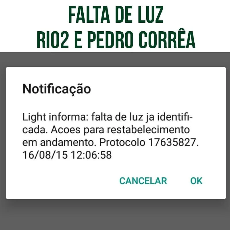 "Estamos sem luz aqui no Fontana já cerca de 1h (de madrugada faltou e voltou) e a Light diz q a previsão é 00h25!