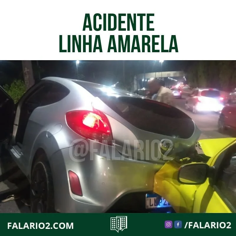 21:30 LINHA AMARELA  Acidente envolvendo dois carros ocupa faixa da via, sentido Fundão, na altura da Estrada do Pau Ferro.