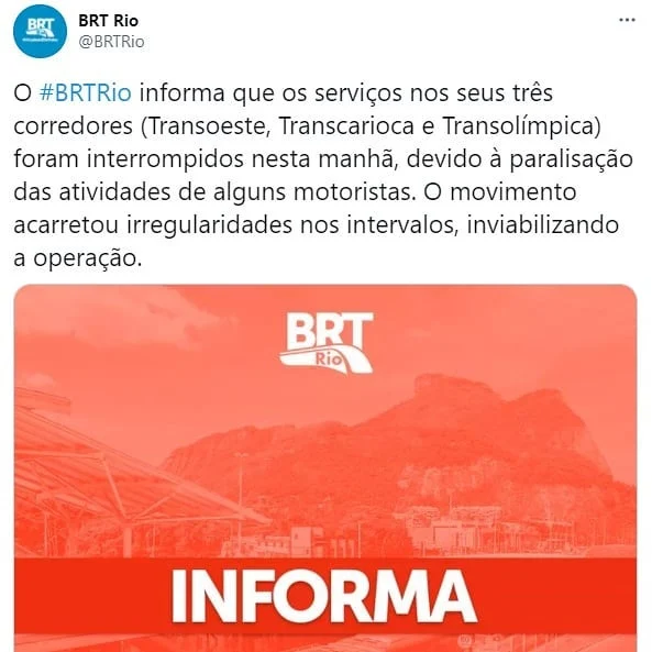 BRT COM OPERAÇÃO SUSPENSA  Os serviços nos três corredores (Transoeste, Transcarioca e Transolímpica) foram interrompidos