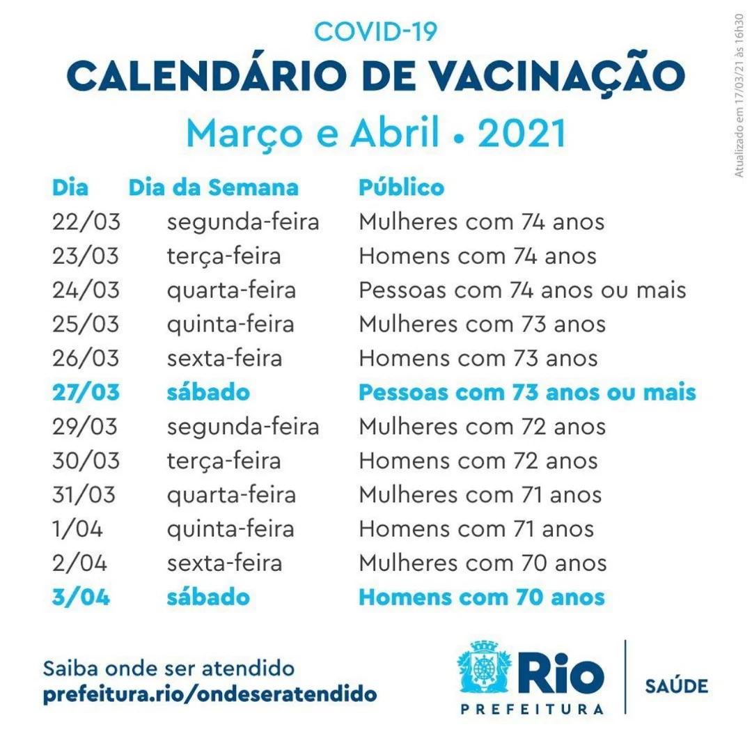 Calendário de vacinação atualizado também disponível nosso site (junto aos locais de vacinação disponíveis)