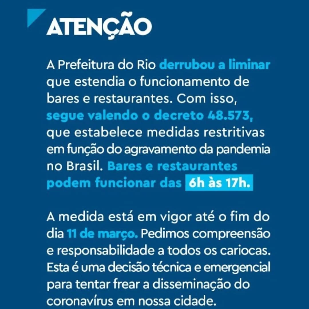 06/03/2021 - Prefeitura derruba liminar que permitia abertura de bares e restaurantes até as 20:00