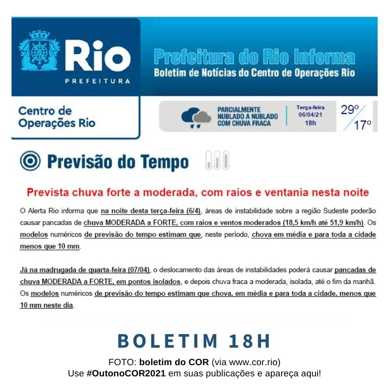 O Alerta Rio informa que na noite desta terça-feira (6/4), áreas de instabilidade sobre a região Sudeste poderão causar