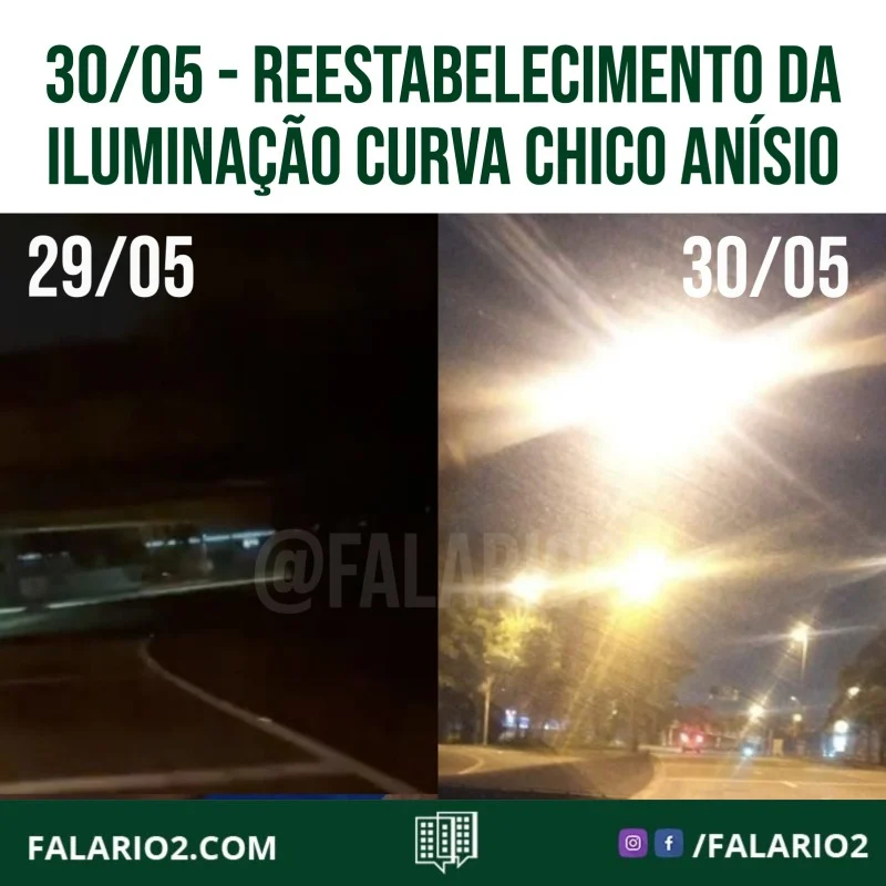 30/05 - Hoje pela manhã, recebemos uma notificação da sub-prefeita @talitagalhardo informando que a iluminação na Curva