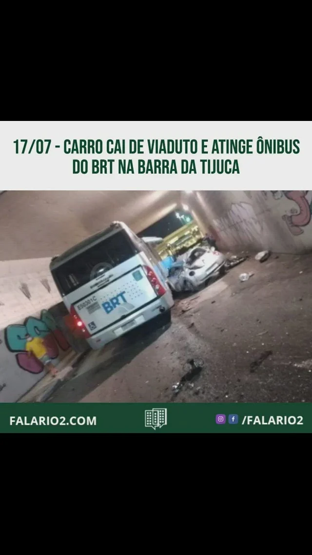 Um carro caiu de um viaduto e bateu em um ônibus do BRT na manhã deste sábado (17), na Barra da Tijuca, Zona Oeste do Rio.⠀