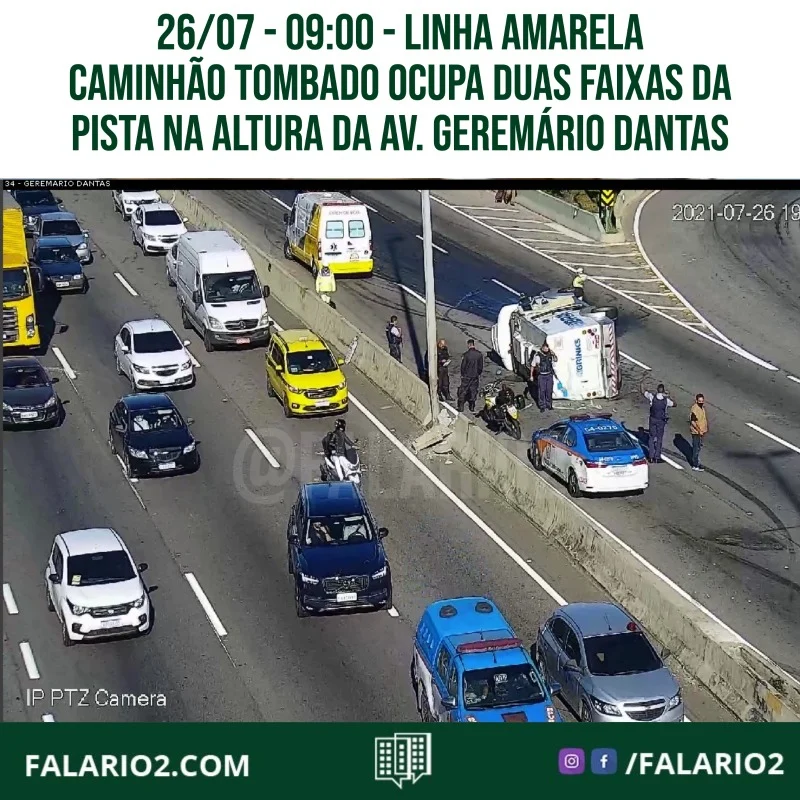 26/07 - 09:00 - LINHA AMARELA | SENTIDO BARRA: caminhão tombado ocupa duas faixas da pista na altura da av.