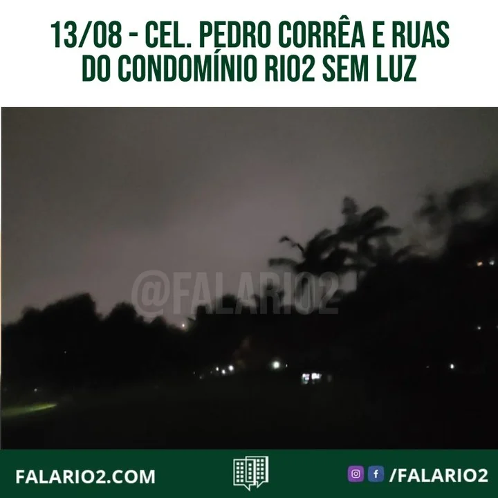 Estamos recebendo relatos de vizinhos informandos que algumas rua do Condomínio Rio2 estão sem luz, incluindo o Rio2Park.