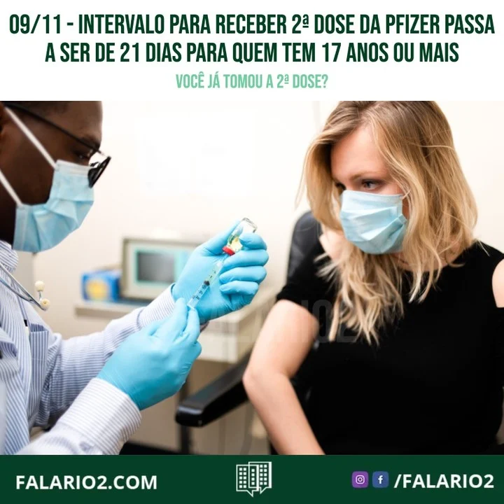 A Secretaria Municipal de Saúde informa que o intervalo entre a primeira e segunda dose da vacina da Pfizer passou a ser de