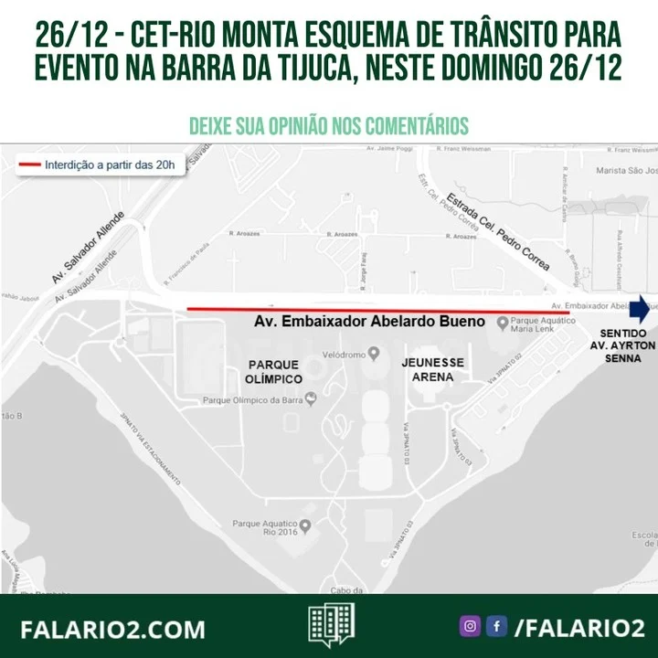 A CET-Rio informa quem neste domingo (26/12), ocorrerá um evento musical no Parque Olímpico, na Barra da Tijuca.
