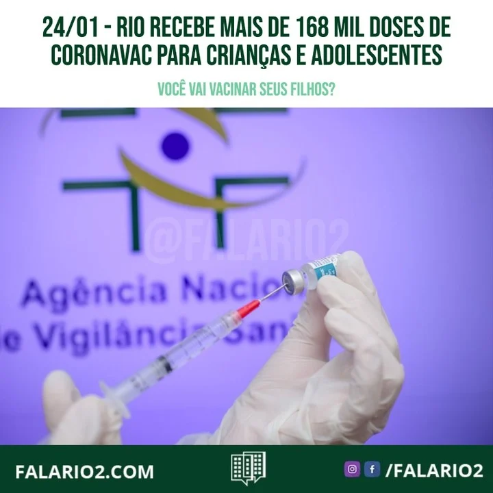 O estado do Rio recebe mais de 168 mil doses da vacina CoronaVac para aplicação em crianças e adolescentes de 6 a 17 anos.