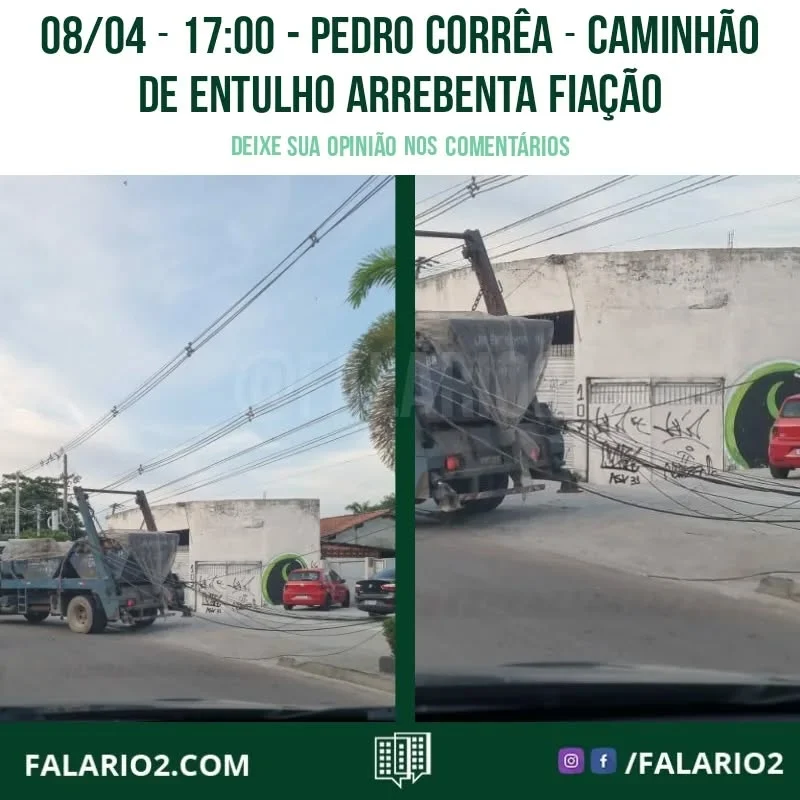 Na tarde de hoje, um caminhão de entulho arrebentou os fios da Estrada Cel Pedro Corrêa ao sair da casa de Festas.