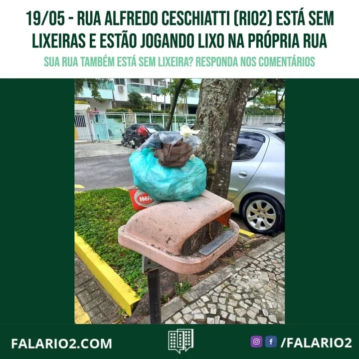Desde a semana passada estamos recebendo reclamações de vizinhos do Rio2 a respeito das lixeiras da rua Alfredo Ceschiatti.