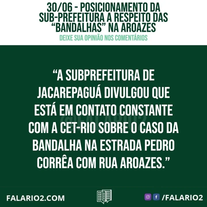 "A Subprefeitura de Jacarepaguá divulgou que está em contato constante com a CET-Rio sobre o caso da bandalha na Estrada