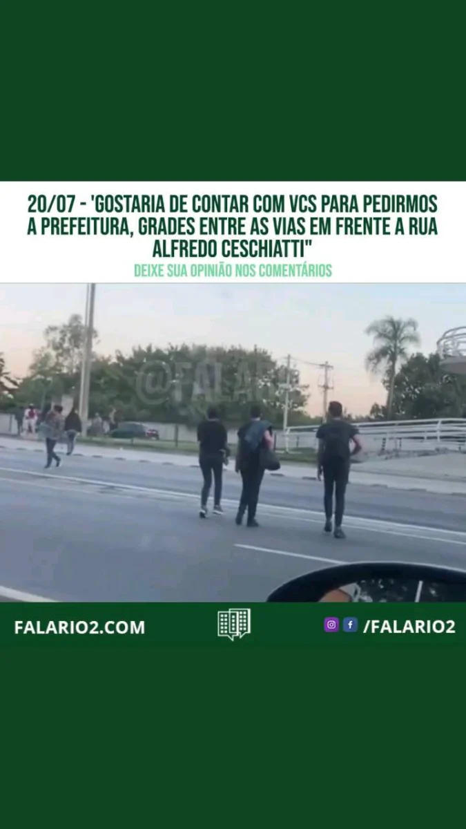 "Gostaria de contar com vcs para pedirmos a Prefeitura, grades entre as vias em frente a Rua Alfredo Ceschiatti.