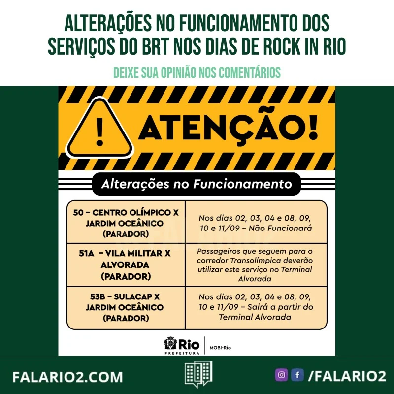 Fique atento às alterações no funcionamento dos serviços do #BRTMobiRio nos dias 02, 03, 04 ,08, 09, 10 e 11/09.