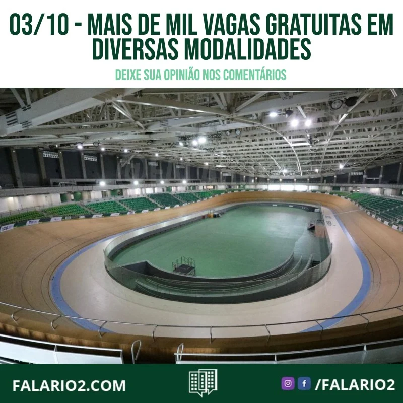 O Velódromo Olímpico, equipamento esportivo da Prefeitura do Rio, está com 1.089 vagas gratuitas disponíveis em diversas