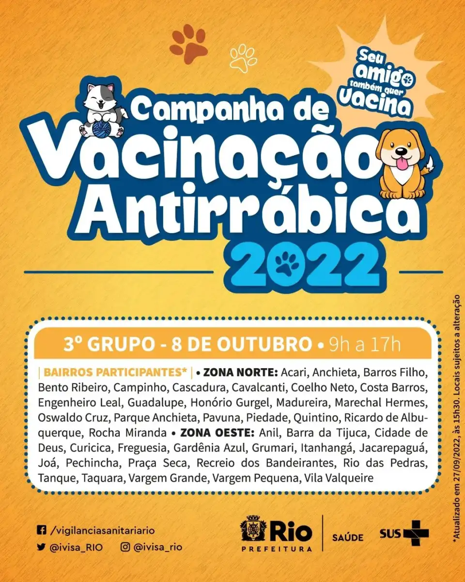 Neste sábado, 08/10, a campanha de vacinação antirrábica chega à Zona Oeste do Rio, além de contemplar alguns bairros da