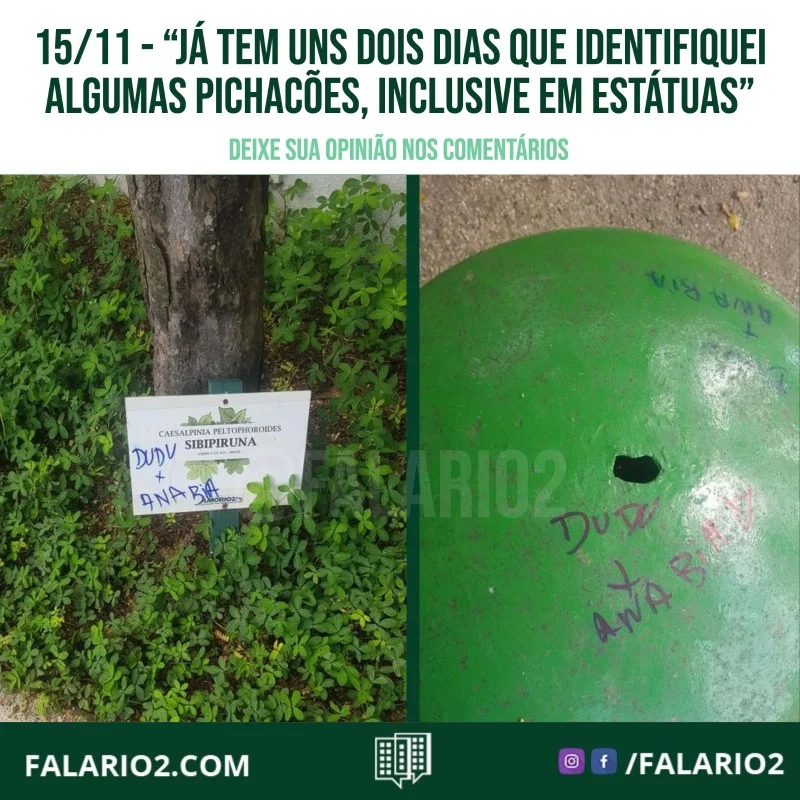 "Já tem uns dois dias que identifiquei, ao caminhar pela ciclovia, algumas pichacões, inclusive em estátuas.