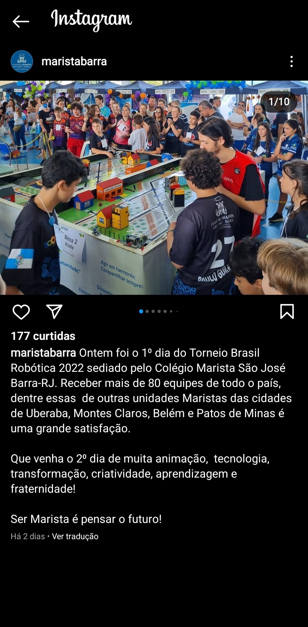 Postagem no Instagram do Colégio Marista Barra após limitarem os comentários. Reprodução: Instagram