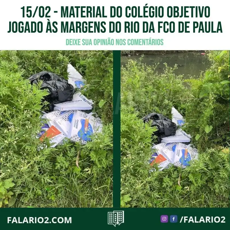 Caminhando pela Rua Francisco de Paula, uma vizinha flagrou apostilas do colégio objetivo descartadas às margens do rio.