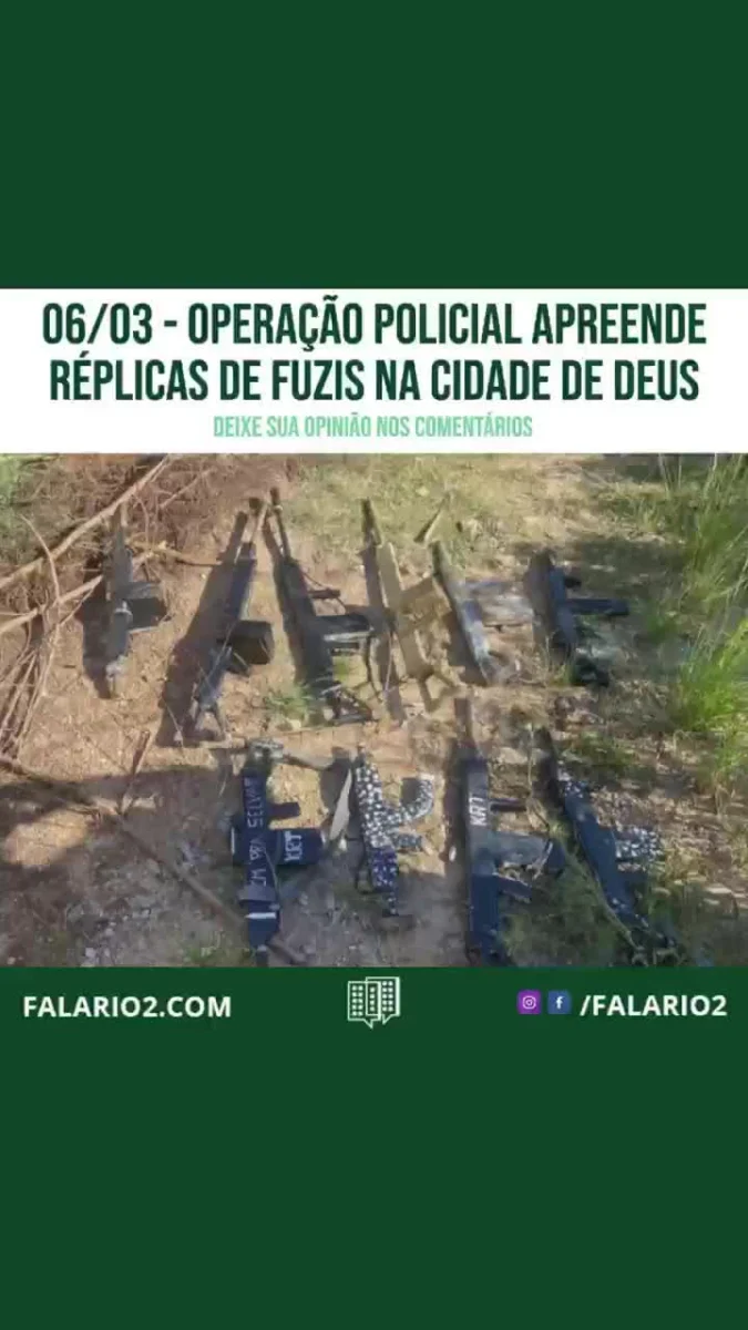 Uma operação da Polícia Militar na Cidade de Deus resultou na apreensão de dez réplicas de fuzis e na prisão de dois homens.