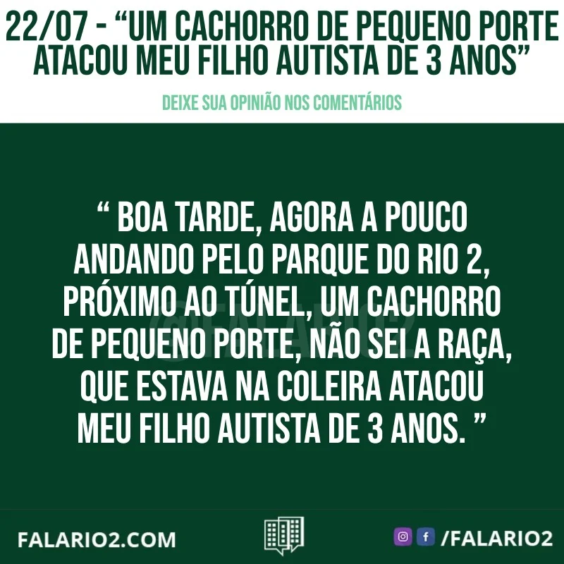 "Boa tarde, agora a pouco andando pelo parque do Rio 2, próximo ao túnel, um cachorro de pequeno porte, não sei a raça, que