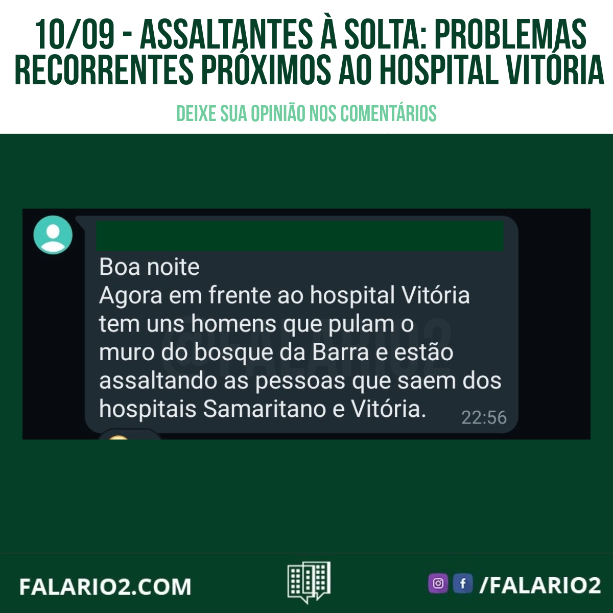 Nos últimos tempos, a região próxima ao Hospital Vitória, na Barra da Tijuca, tem enfrentado sérios problemas de segurança. Moradores e visitantes relataram assaltos e roubos de veículos nas imediações dos hospitais Samaritano e Vitória. A situação é tão crítica que alguns criminosos têm se aproveitado da proximidade do Bosque da Barra para fugir após cometerem delitos. A falta de segurança na área é uma preocupação crescente. Como evidenciado por um print de maio de 2022, compartilhado por um dos nossos seguidores, carros estão sendo levados em frente ao Hospital Vitória. Estamos empenhados em conscientizar as autoridades e a comunidade sobre essa situação preocupante. A segurança de todos é uma prioridade. Ajude-nos a compartilhar essa informação e a manter nossa região segura!