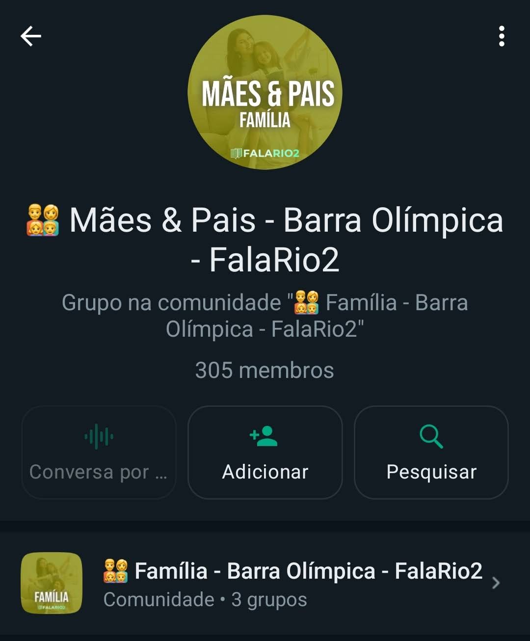 Grupo Whatsapp Família Mães e Pais - Barra Olímpica FalaRio2