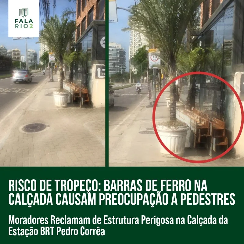 Moradores estão insatisfeitos (e preocupados) com uma estrutura composta por barras de ferro e madeiras na calçada próxima à
