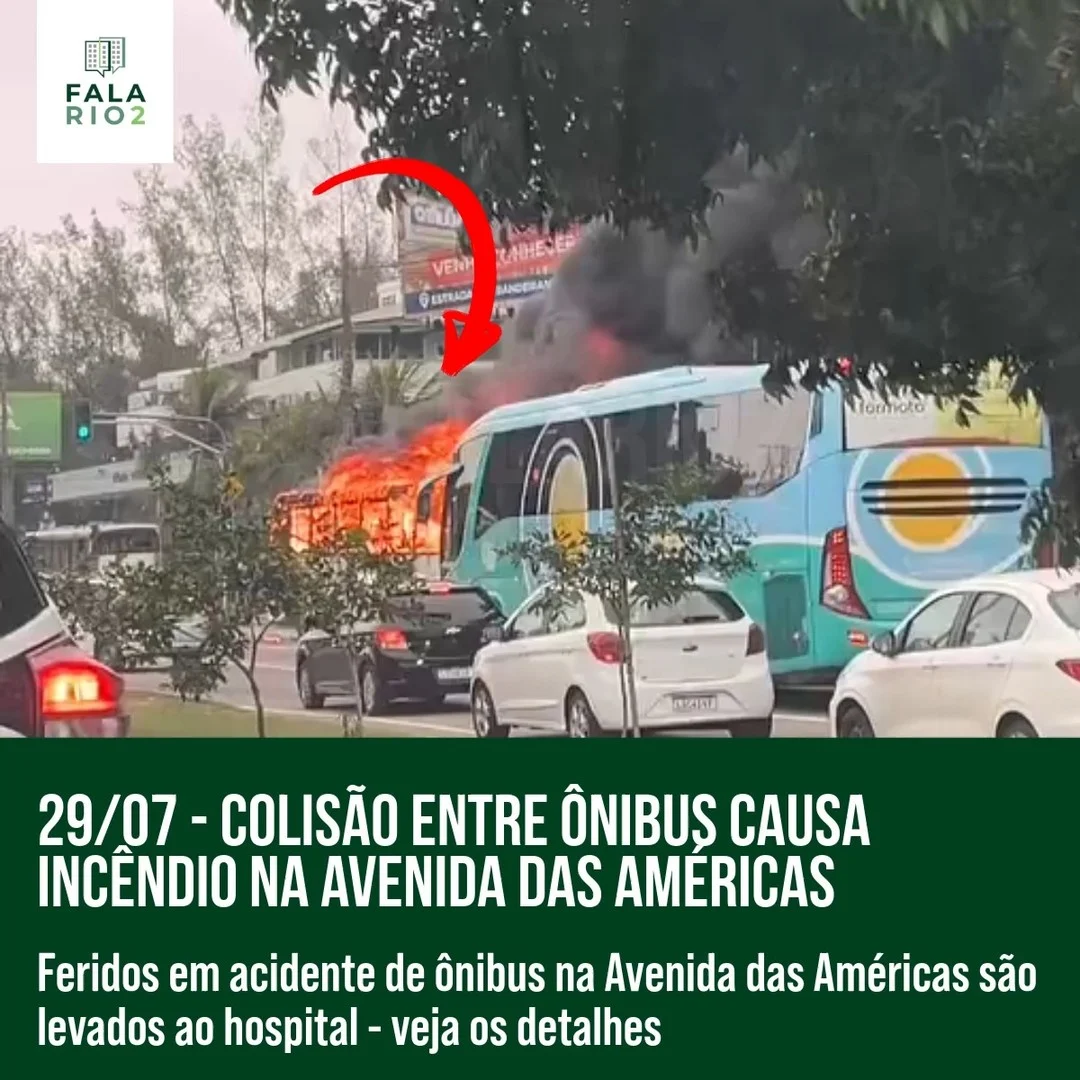Na manhã desta segunda-feira (29), uma colisão entre dois ônibus resultou em um incêndio na Avenida das Américas, Barra da