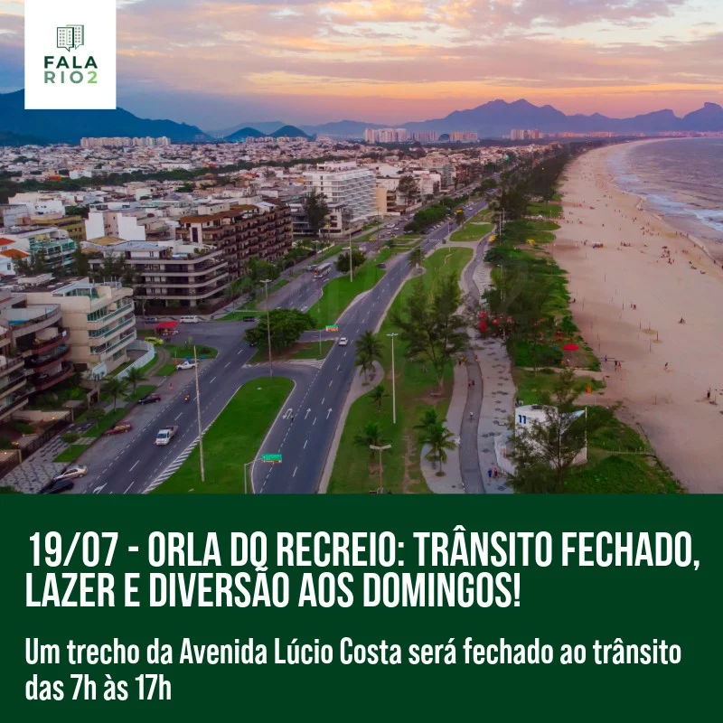 A partir de 21 de julho, a Orla do Recreio dos Bandeirantes será transformada em uma área de lazer aos domingos.