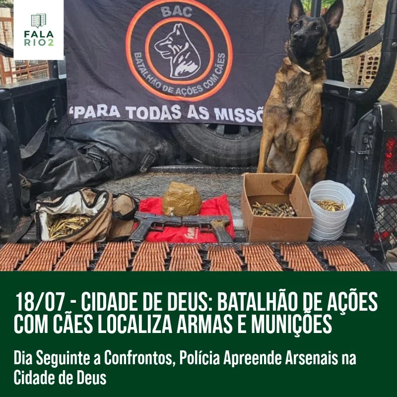 Na continuidade das intensas operações de segurança na Cidade de Deus, a equipe do Batalhão de Ações com Cães realizou uma
