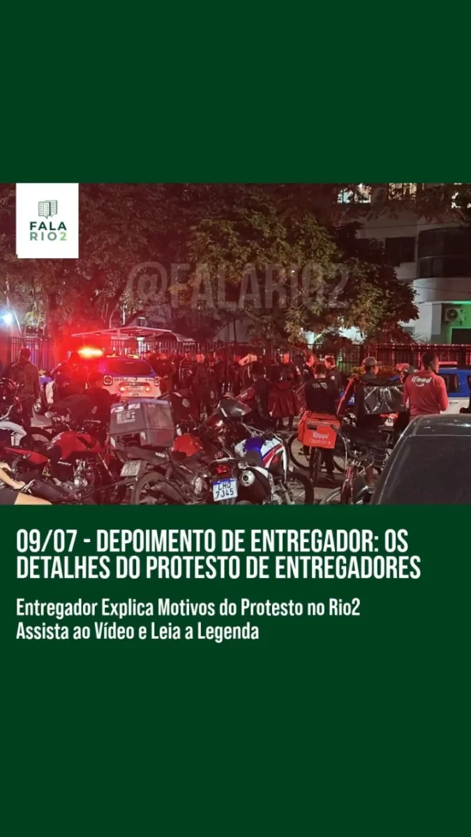 Na noite de segunda-feira, 8 de julho, por volta das 20:00, entregadores bloquearam a rua Franz Weissmann, que separa o Rio2
