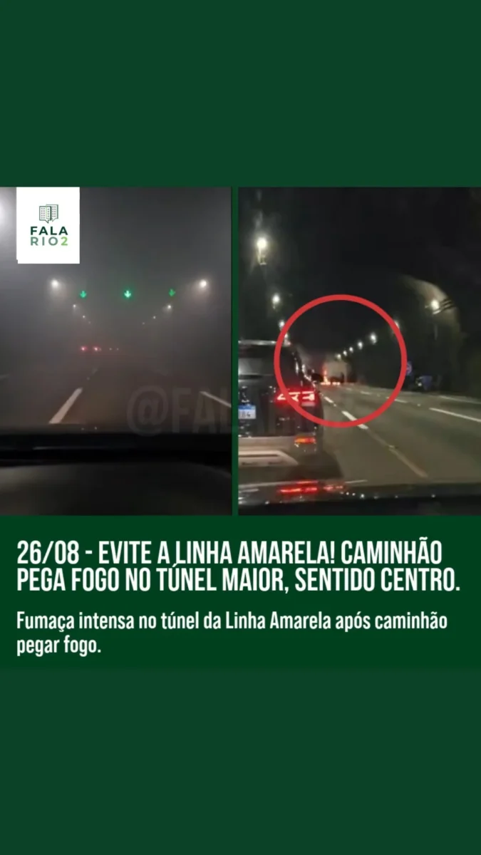 Um caminhão pegou fogo no túnel maior da Linha Amarela na manhã de hoje (26/08), sentido centro, agora pela manhã (10:00).