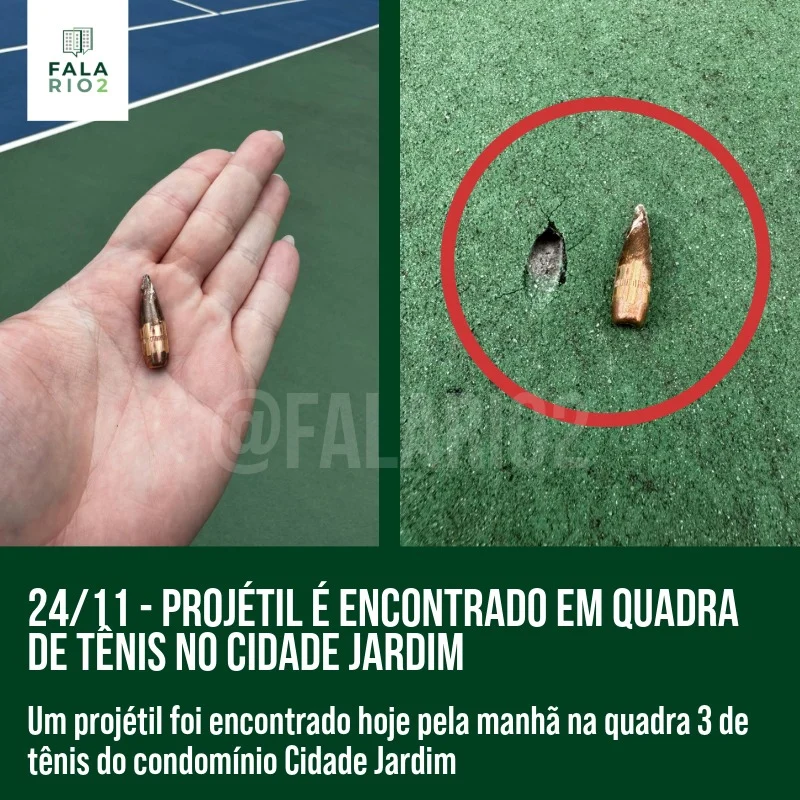 Na manhã de hoje, 24 de novembro, uma vizinha do condomínio Cidade Jardim encontrou um projétil alojado no piso da quadra 3
