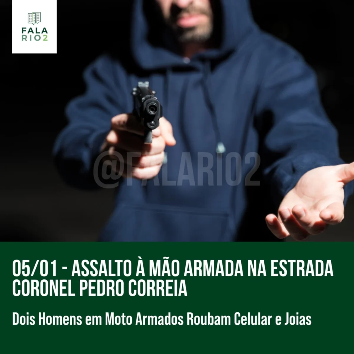 No domingo (05/01), por volta das 9h15, uma moradora foi vítima de um assalto à mão armada enquanto fazia o retorno na
