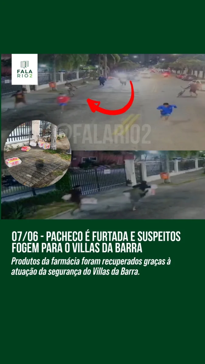 No sábado, 7 de junho, por volta das 22h, um grupo de suspeitos furtou produtos da farmácia Pacheco, localizada na Avenida