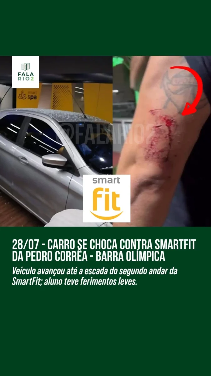 Carro invade academia na Barra Olímpica e atropela aluno; veículo estava sob responsabilidade do serviço de manobrista