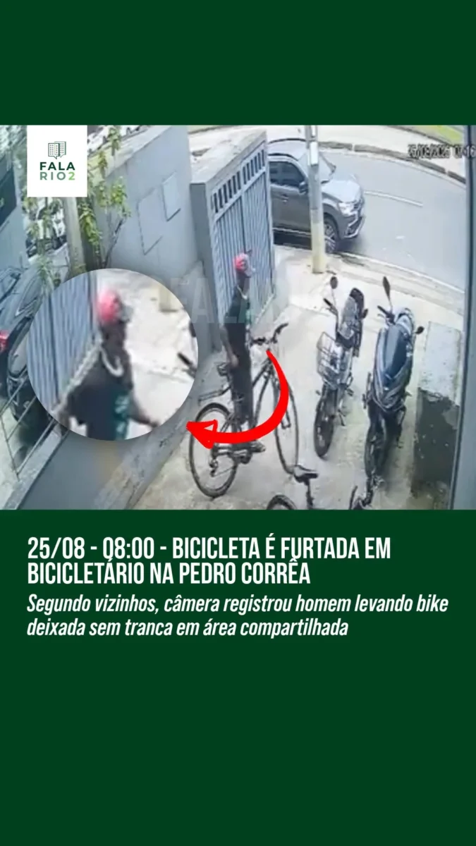 Na manhã desta segunda-feira, 25 de agosto de 2025, por volta das 8h, um vizinho teve a bicicleta furtada em um bicicletário