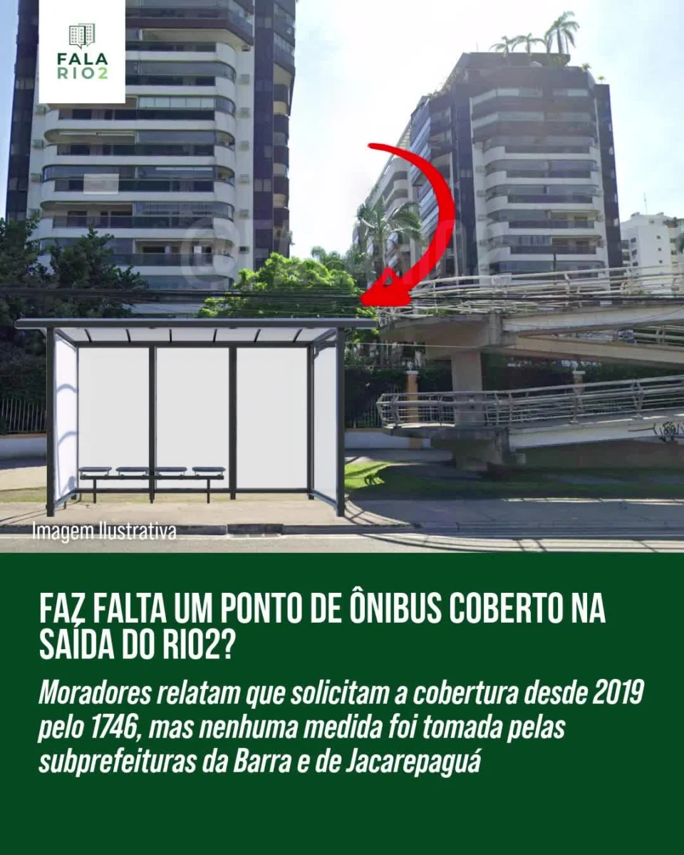 Desde 2019, vizinhos do Condomínio Rio2 aguardam a instalação de um ponto de ônibus coberto na saída principal, localizado