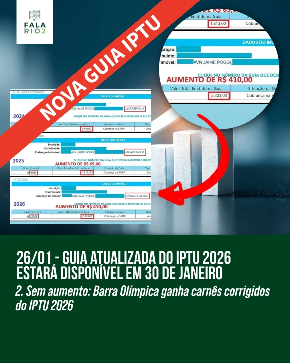A Prefeitura do Rio disponibiliza a partir do dia 30/01, no site carioca.rio, as novas guias do IPTU 2026 para moradores da