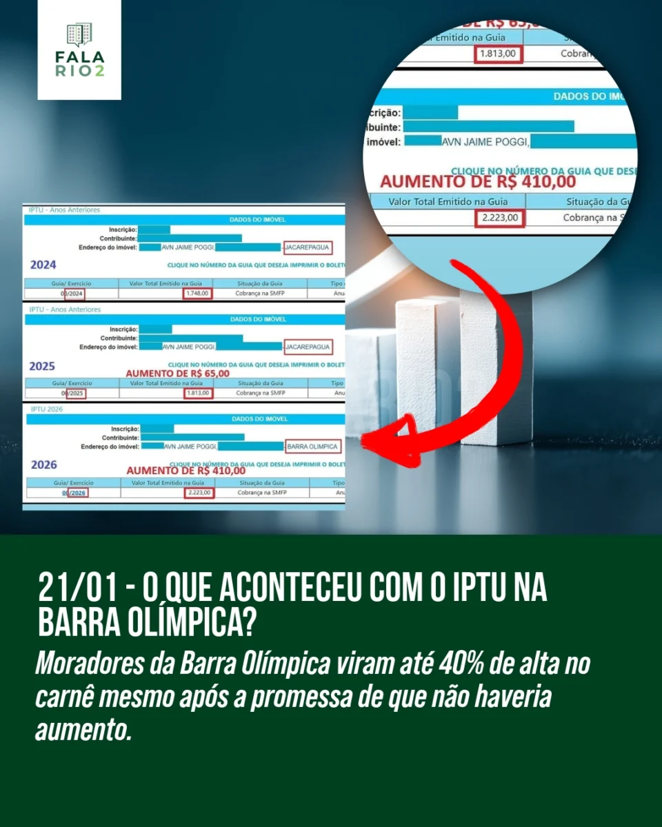 Nesta Quarta-feira, 21 de janeiro de 2026, vizinhos relataram surpresa ao abrir o carnê de IPTU: alguns viram até 40% de