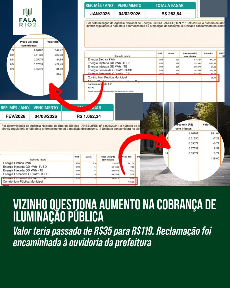Um vizinhos entrou em contato com a página @falario2 relatando um aumento expressivo na taxa de iluminação pública cobrada