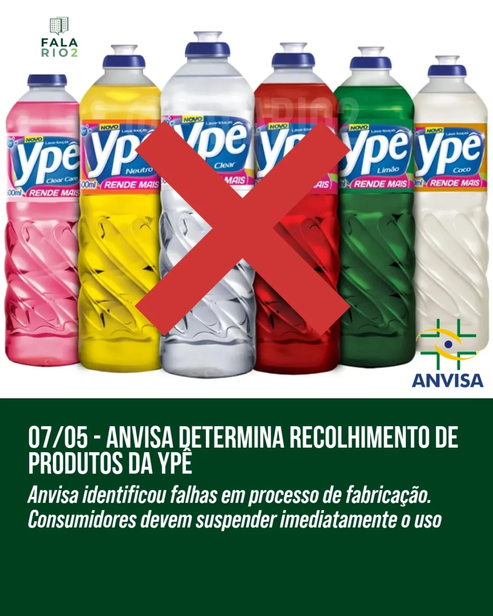 A Anvisa determinou a suspensão da fabricação e o recolhimento de diversos produtos da marca Ypê, incluindo detergentes,