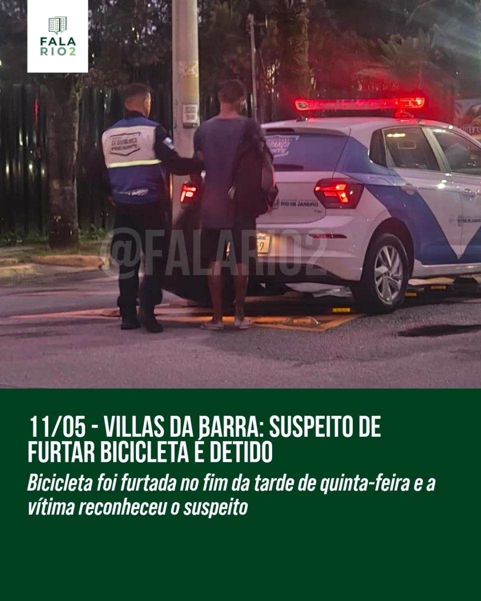 Um homem suspeito de furtar uma bicicleta dentro do condomínio Villas da Barra, na Barra Olímpica, foi encaminhado à
