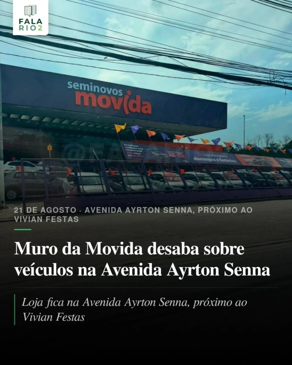 Na tarde desta sexta-feira, 21 de agosto, o muro da unidade da Movida Seminovos localizada na Avenida Ayrton Senna, próximo